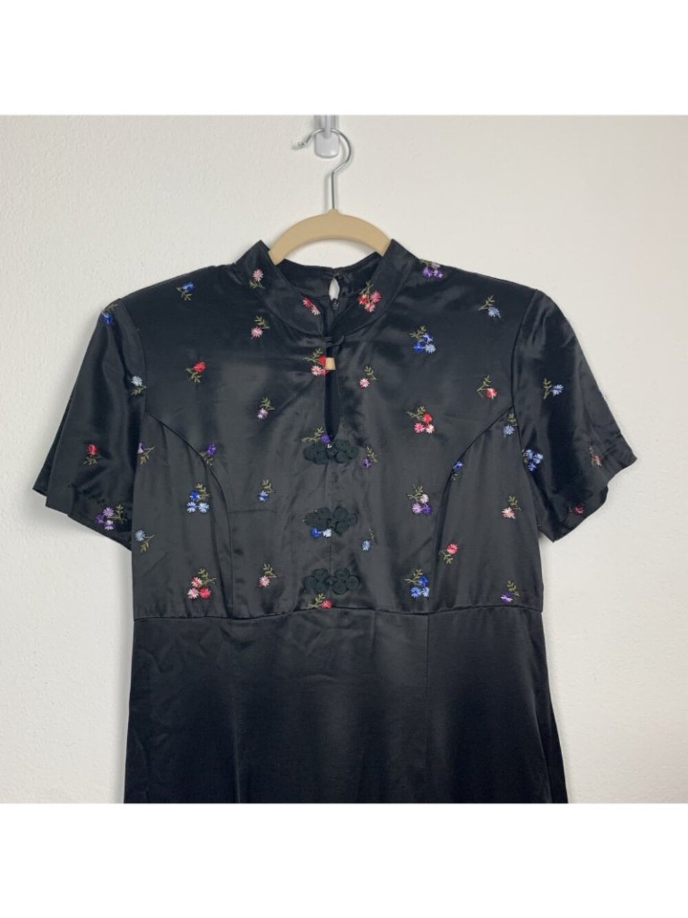 ✨3/$30 VTG Women's 8 CDC Mandarin Collar Black Satin Maxi Dress Asian Floral AGB - Picture 3 of 6